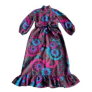 Handmade Fuchsia and Blue Floral Knit Retro Midi Dress M